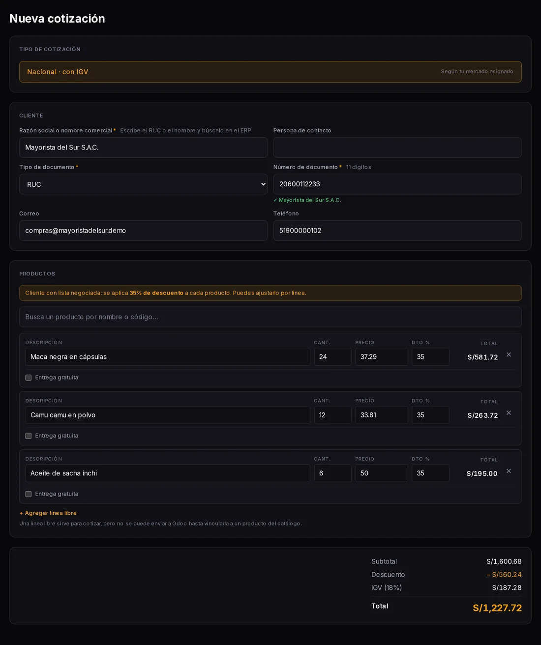 Cotizador con cliente autocompletado y descuento de su lista