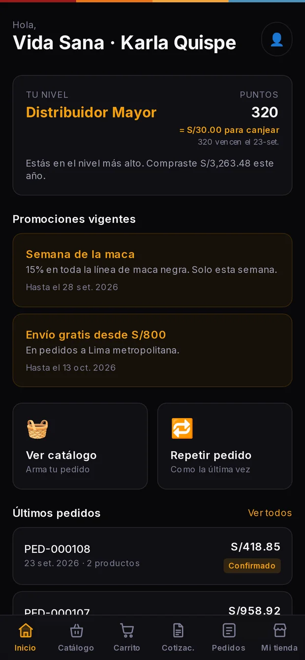 App del distribuidor: nivel, puntos y pedidos